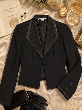 Peter Nygard Black Beaded Satin Lapel Evening Jacket Blazer Size 6 EUC